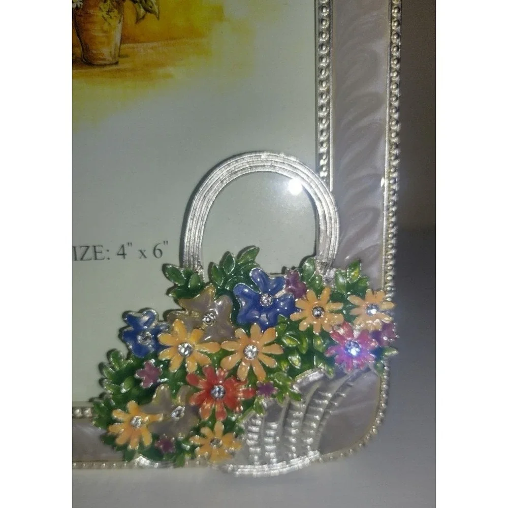 Silver 4x6 Picture Frame with Enamel Flower Basket Decorative Floral Photo frame